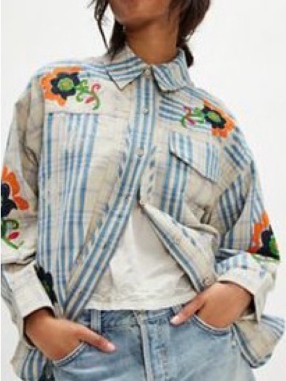 We The Free Blue and Cream Striped Button Shirt